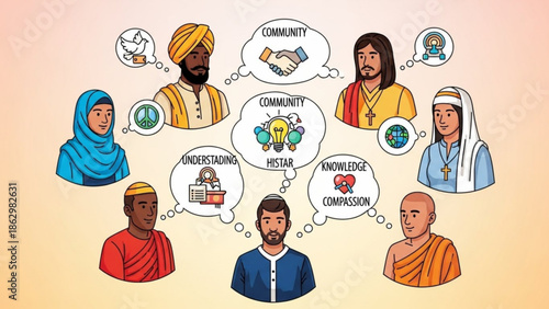 Diverse people from different cultures and religions thinking about community, understanding, knowledge, and compassion in a symbolic illustration