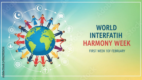 World interfaith harmony week celebration with diverse people holding hands around the globe with religious symbols with unity and peace and diversity