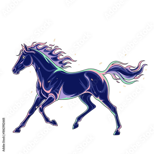 Majestic Dark Horse Galloping with Fiery Mane and Tail Amidst Subtle Glowing Embers