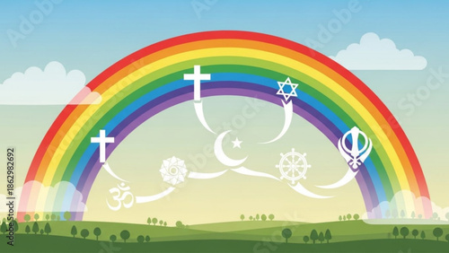 Vibrant rainbow with religious symbols on a sunny landscape background, representing unity and diversity in a serene natural setting with green hills and blue sky