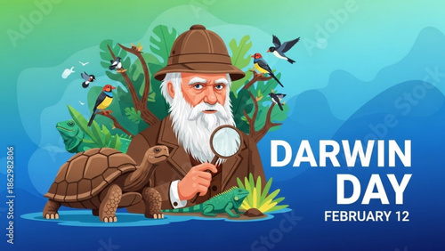 Illustration of charles darwin on darwin day with turtle, birds, and magnifying glass in a natural setting with naturalist and evolution and biology