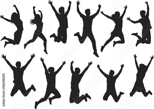 Jumping joyful people silhouettes expressing freedom happiness success celebration energetic men and women black vector isolated on white background