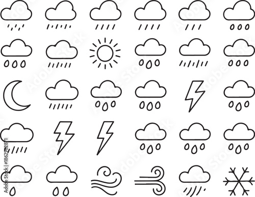 A collection of weather icons on a white background
