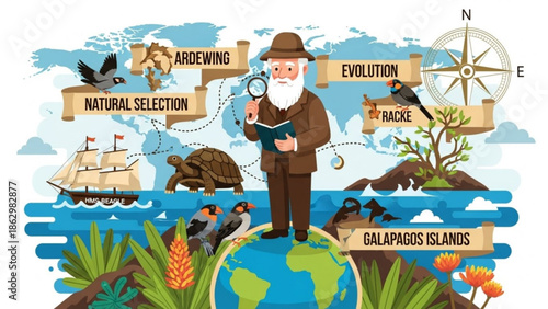 Illustration of charles darwin standing on globe with evolution and natural selection concepts, galapagos islands, animals, and plants with ecology