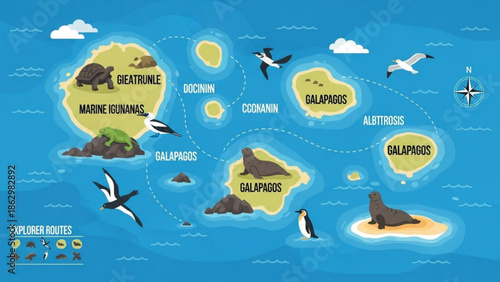 Vibrant illustration of galapagos islands wildlife and explorer routes with sea lions, marine iguanas, penguins, and seabirds in a scenic ocean landscape
