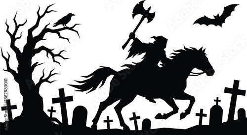 Dark fantasy grim reaper silhouette riding horse through graveyard, spooky Halloween scene with bats, vector illustration isolated on white background