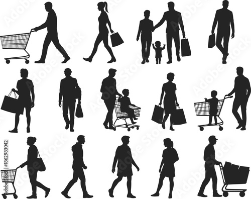 Shopping people silhouettes, buyers walking with bags, family retail activity, supermarket cart users, lifestyle consumer crowd vector illustration