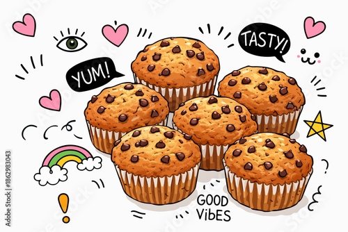 Delicious freshly baked appetizing chocolate chip muffins are sitting on the table.