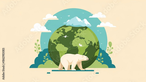 A polar bear walks in front of a large green earth with mountains and clouds, symbolizing climate change and environmental conservation with ecology