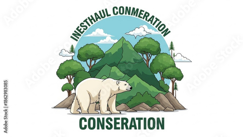 A polar bear standing in front of a mountainous landscape with trees and a blue sky with clouds, conservation concept with a bear in a natural environment, wildlife