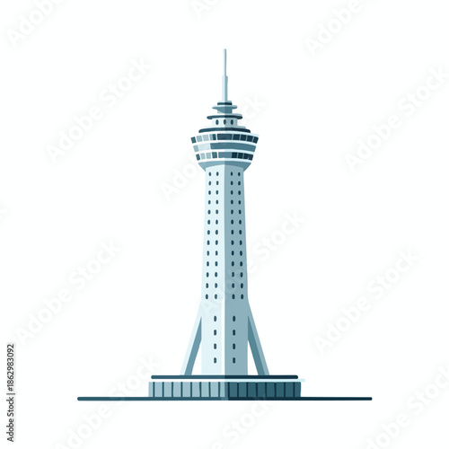 A tall, stylized tower with antenna, viewing platforms, and windows, on a white background