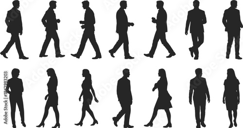 Walking business people silhouettes male female professional office workers black vector illustration isolated on white background collection