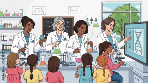 Diverse group of scientists and children in a laboratory setting learning about dna and genetics with microscopes and a computer with education