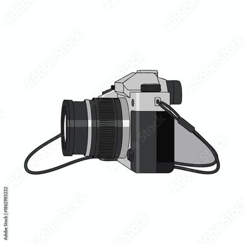 Digital camera illustration, side view with strap, black lens, and two-tone body