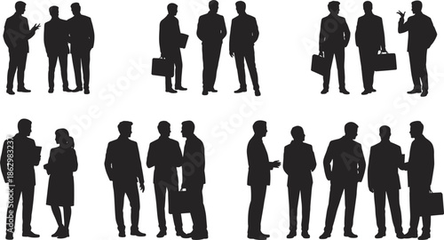 Business people silhouettes talking and meeting in groups professional teamwork discussion corporate men black vector illustration isolated background