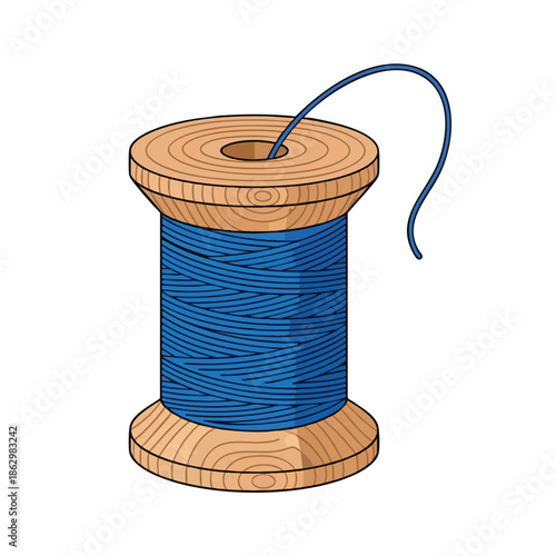 A wood spool of blue thread, with a single thread loop extending from the top