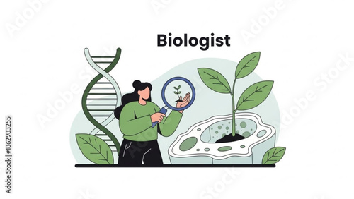 Biologist examining plant growth with magnifying glass and dna helix in background with biology and science and research and experiment and ecology