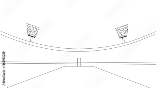 Outline the cricket stadium. Minimal lines with pitch and wicket. black outline and white background. 