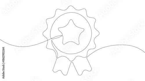 Winning badge in one continuous line drawing. Symbol of a winner. Award-winning ribbon in a simple linear style. Doodle line illustration.