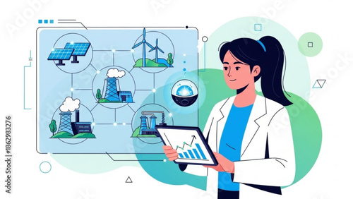 Businesswoman analyzing sustainable energy and industrial data on a tablet with solar panels, wind turbines, and factories emitting smoke, representing eco friendly
