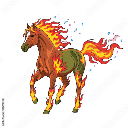 Fiery horse illustration symbolizing power and untamed energy with a vibrant flaming mane and tail