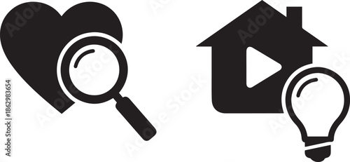 Black heart with magnifying glass and house with play button and lightbulb love search find