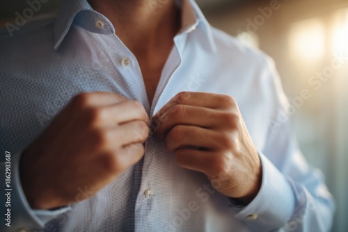 Man in light blue dress shirt is buttoning up his collar, showcasing attention to detail and personal grooming in a softly lit indoor environment, reflecting professionalism and style