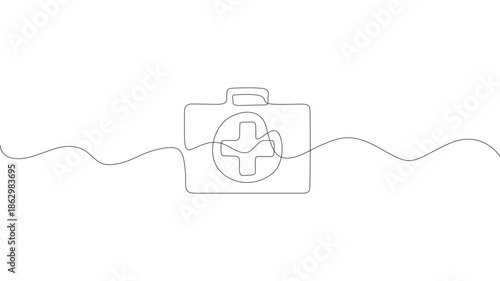 Continuous one-line drawing of a First Aid Kit box. Single line of first aid kit box, Simple line art illustration of medical kit symbolizing emergency preparedness and healthcare.
