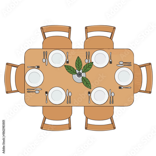 Overhead view of a table set for a meal, including plates, silverware, and chairs