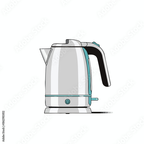 Illustration of a modern electric kettle, with a handle, spout and control button