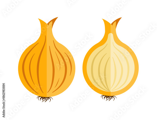 Yellow onion and half with layers, editable icons set. Vector illustration