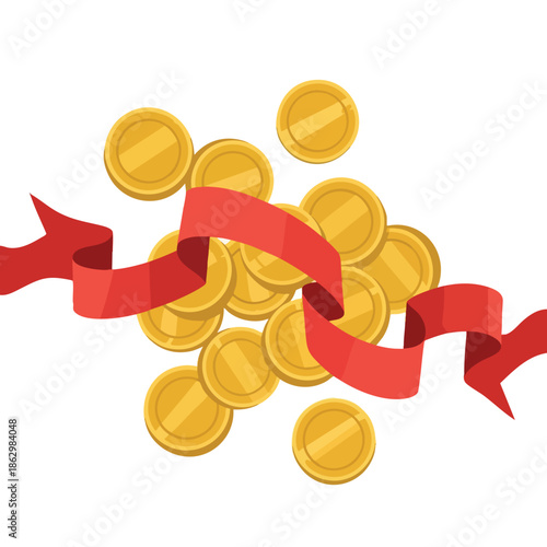 Gold coins and a red ribbon intertwine against a white background