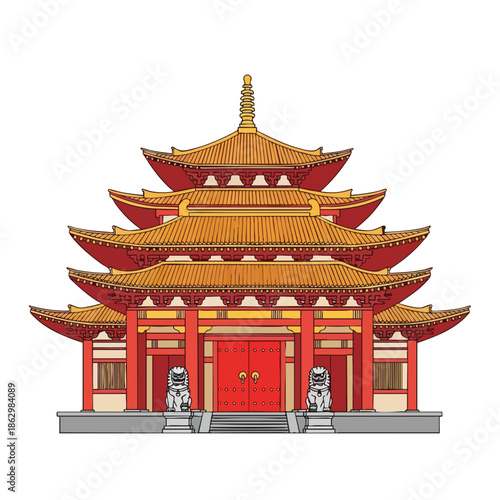 A detailed cartoon illustration of a multi-tiered traditional Asian temple