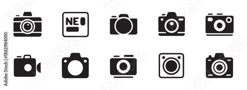 Minimalist camera and photography equipment icon set for web and mobile UI design.