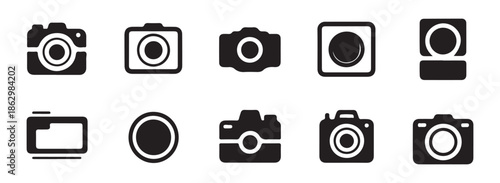 Vector set of black camera icons and photography symbols isolated on white.