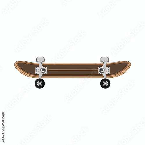 A brown and tan skateboard with gray hardware, black wheels, against a white backdrop