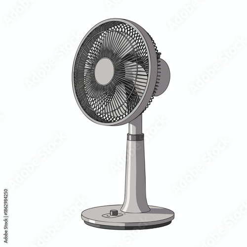Gray stand fan with blades and protective cage, isolated on a white background
