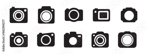 Vector set of black camera icons and photography symbols isolated on white.
