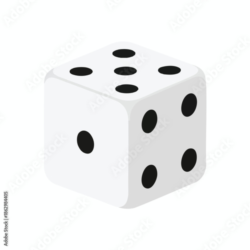 A white cube-shaped die with black circular dots, illustrating different sides