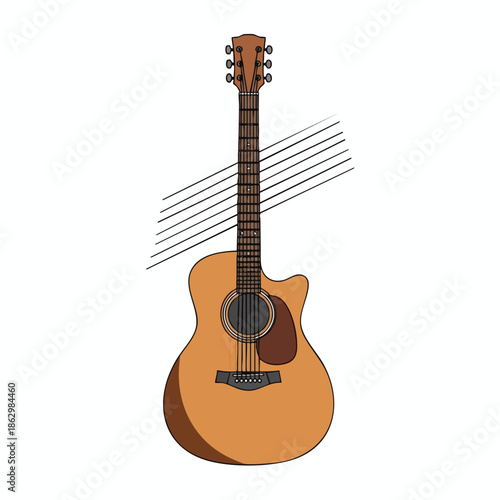 A brown acoustic guitar with fretboard, soundhole, and strings, with music staff