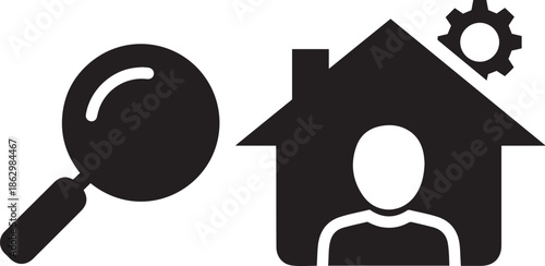 Black silhouette of a magnifying glass next to a house with a person and a gear home