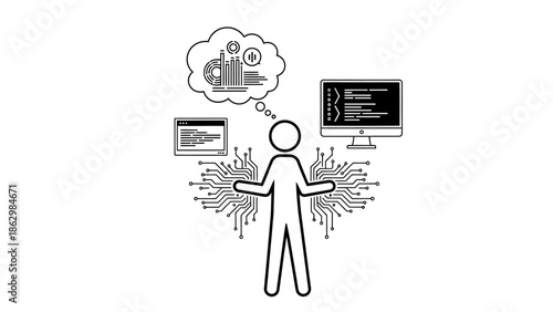 Stick figure person thinking about data analysis and programming concepts with circuit board connections on an isolated white background.