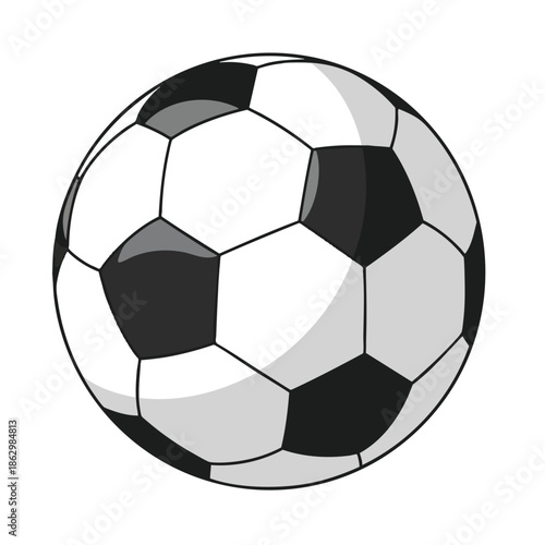 A round soccer ball comprised of black, gray, and white hexagonal panels
