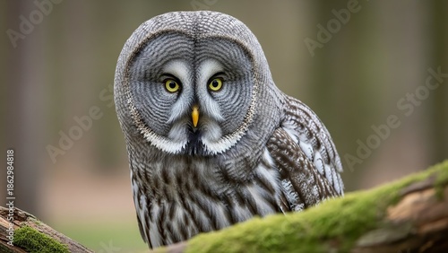 A close-up portrait of a majestic owl perched on a mossy branch in a forest.