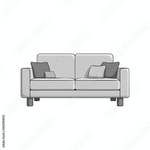A simple two-seater couch, grey and rectangular with two pillows, front view
