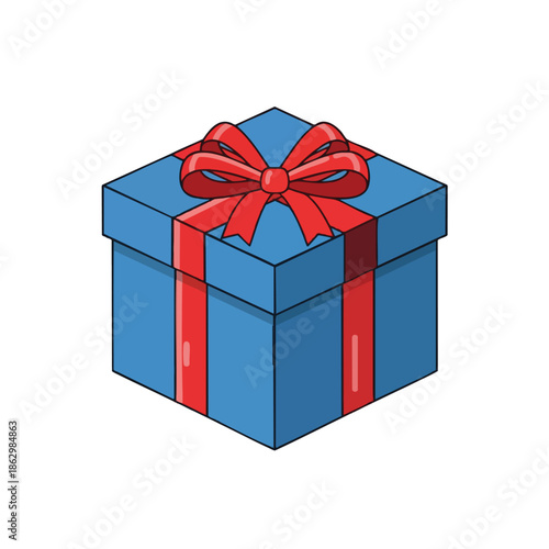 A blue gift box is tied with a red ribbon, depicted in cartoon style