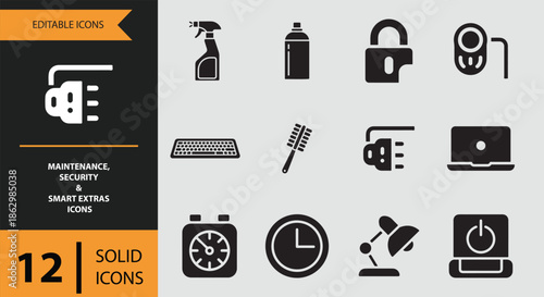 A collection of 12 solid editable icons for maintenance, security, and smart home extra devices