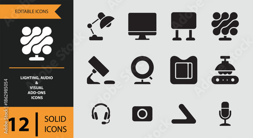 A diverse collection of lighting, audio, and visual add-on solid icons for creative projects