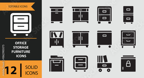A collection of 12 solid icons representing various office storage furniture items