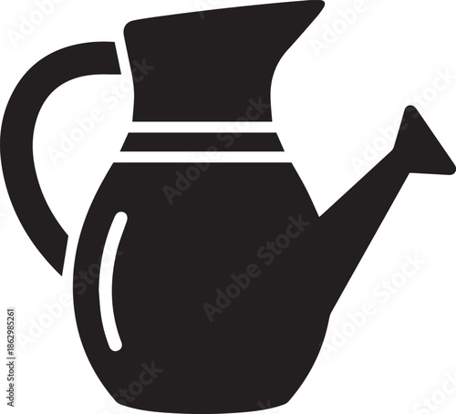 Black silhouette of a watering can with a curved handle and a spout white garden tool